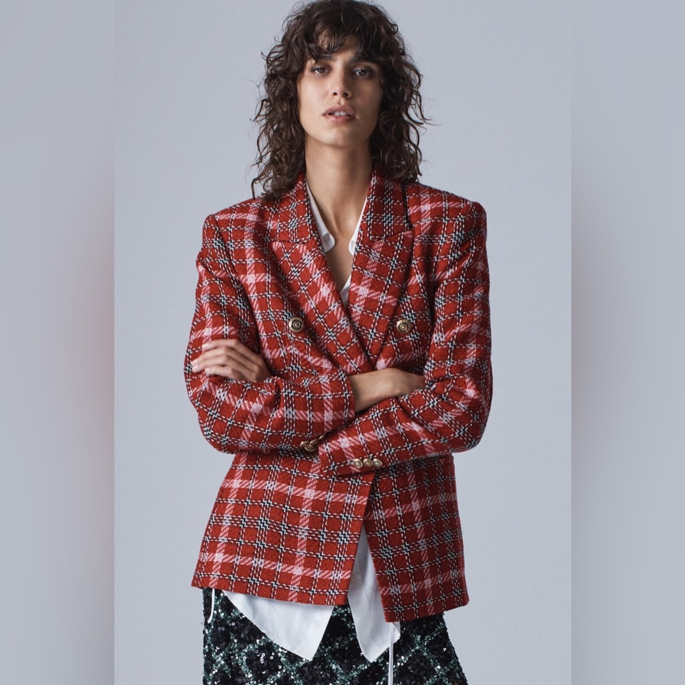 Zara plaid double breasted blazer red black